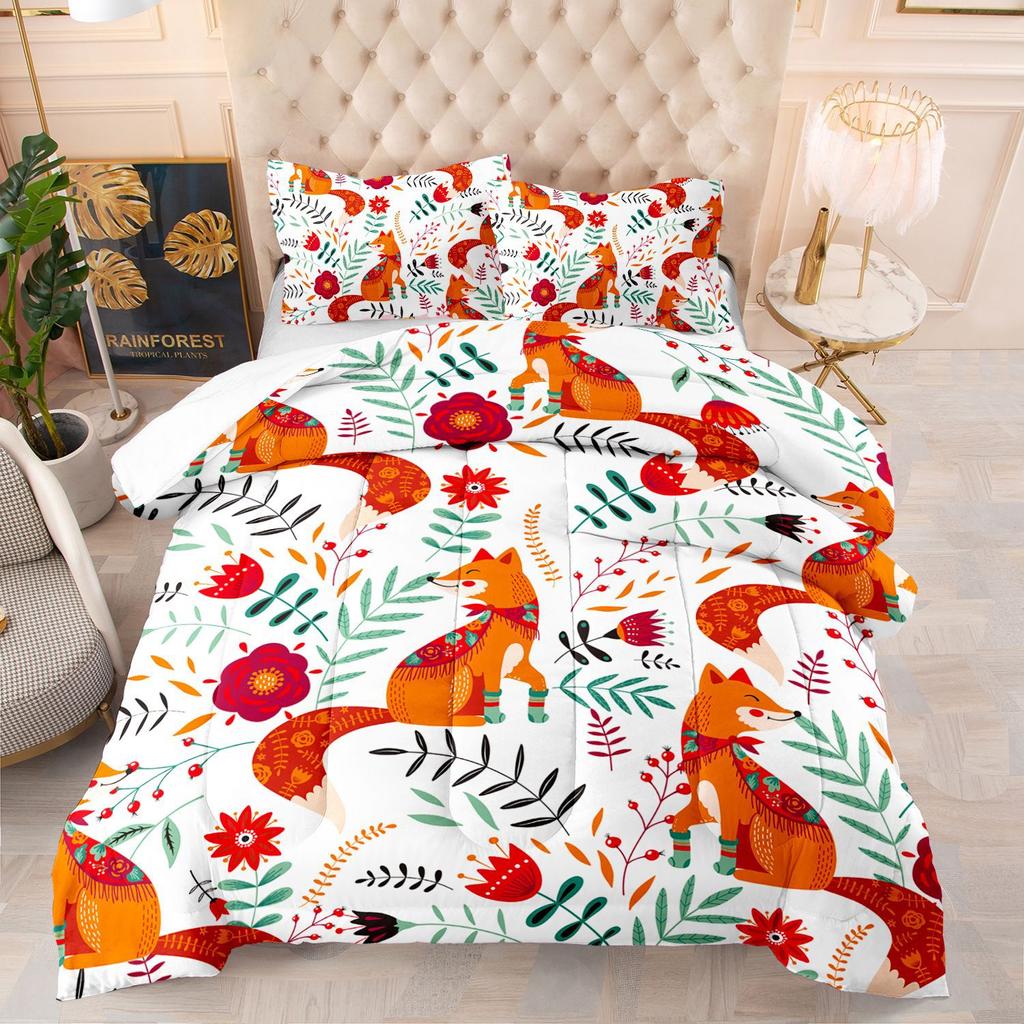 Kemila 3D-Bettwäsche-Set mit niedlichem Cartoon-Neunschwanzfuchs, Bettbezug und Kissenbezügen, für Doppelbett, Digitaldruck, Direktverkauf