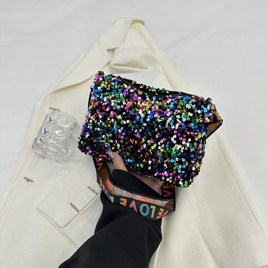 Yogodlns Luxury Women Sequins Wide Strap Shoulder Bag Fashion Shine Casual Crossbody  Bag Female Hip Hop Belt Bags Trend