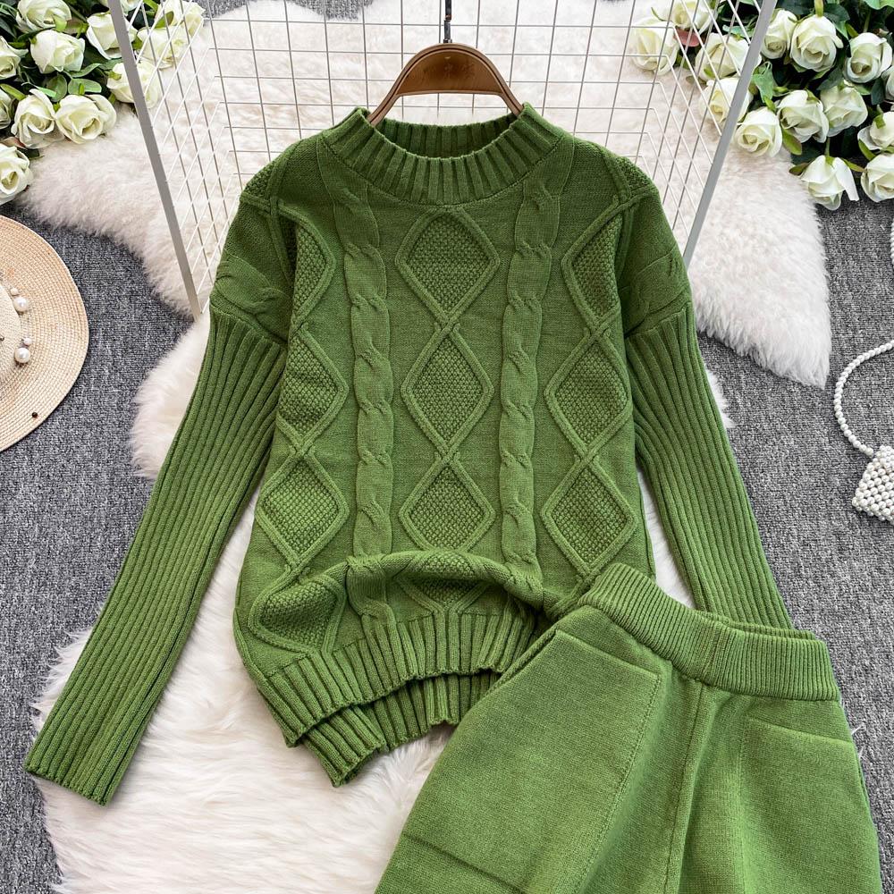 New Loose Knit Fried Dough Twists Sweater Suit Women's Winter High Waist Slim Straight Wide Leg Pants Two-piece Set