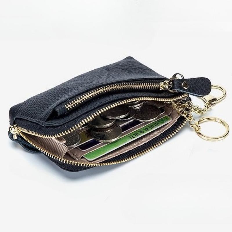 Dame PU Læder Dobbelt Lynlås Møntpung Håndledsrem Pung Stor Kapacitet Kortindehaver Nøglepung Lille Clutch Taske med Nøgleringsrem