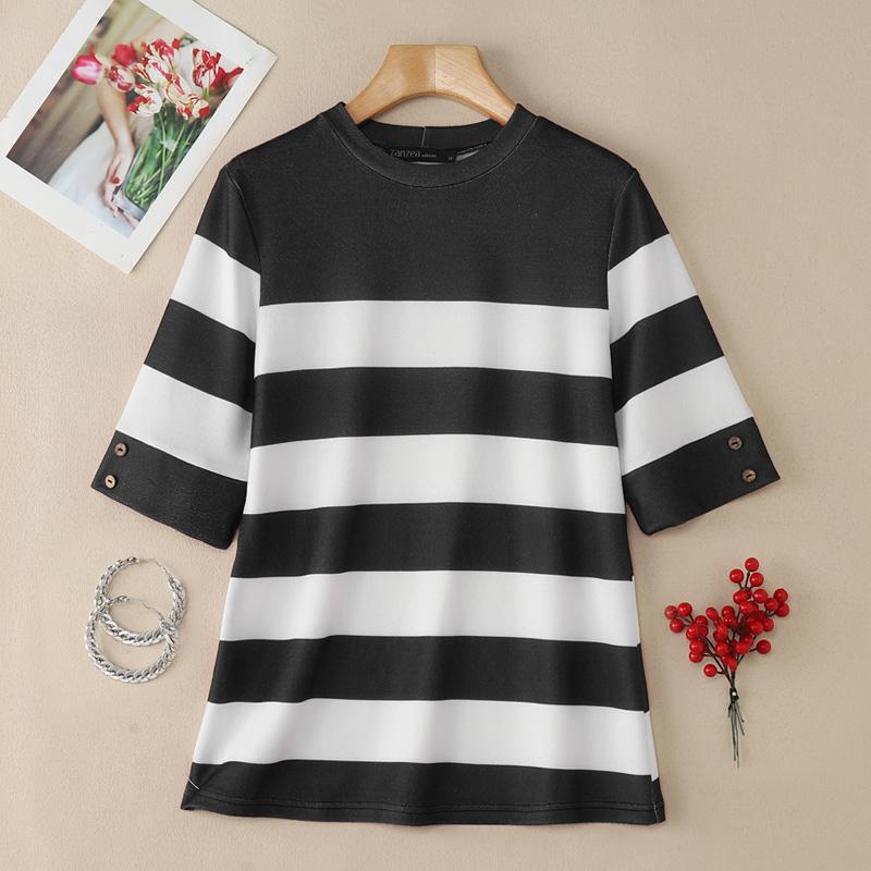 

ZANZEA Женская повседневная блузка с круглым вырезом, свободного кроя, в полоску, с рукавом до локтя M чёрный