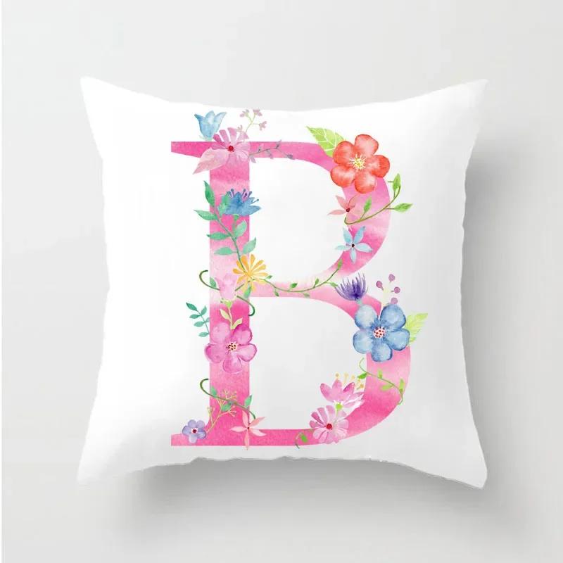 Flower 26 Letters Alphabet Decorative Cushion Cover Polyester Pillowcase Throw Pillow Cover Home Decor Fundas De Cojin 45X45Cm