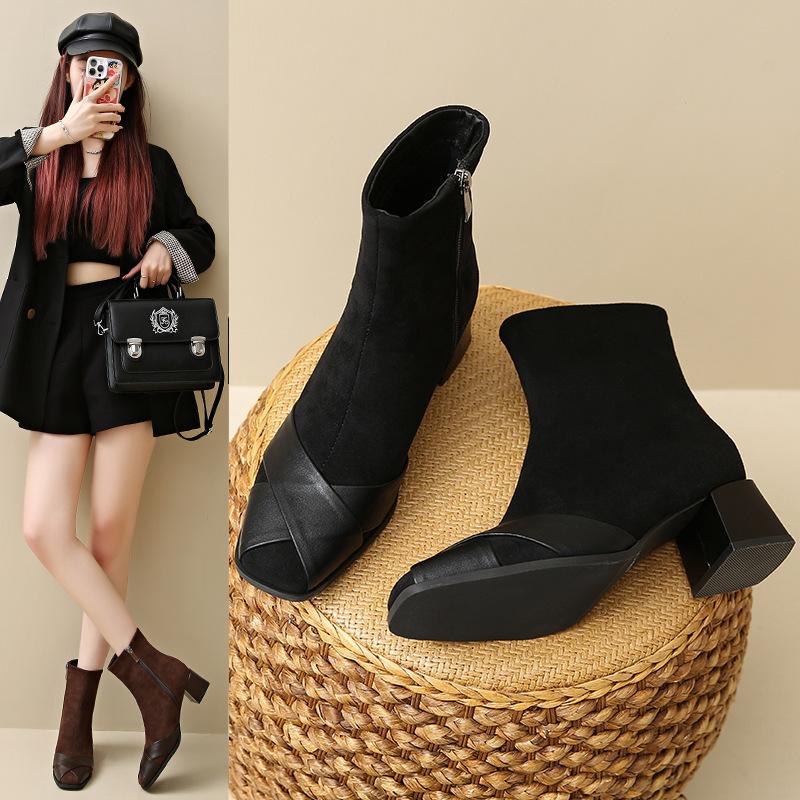 Square head short boots children thick heel 2025 new autumn and winter Martin boots temperament thin boots short tube thin elastic boots