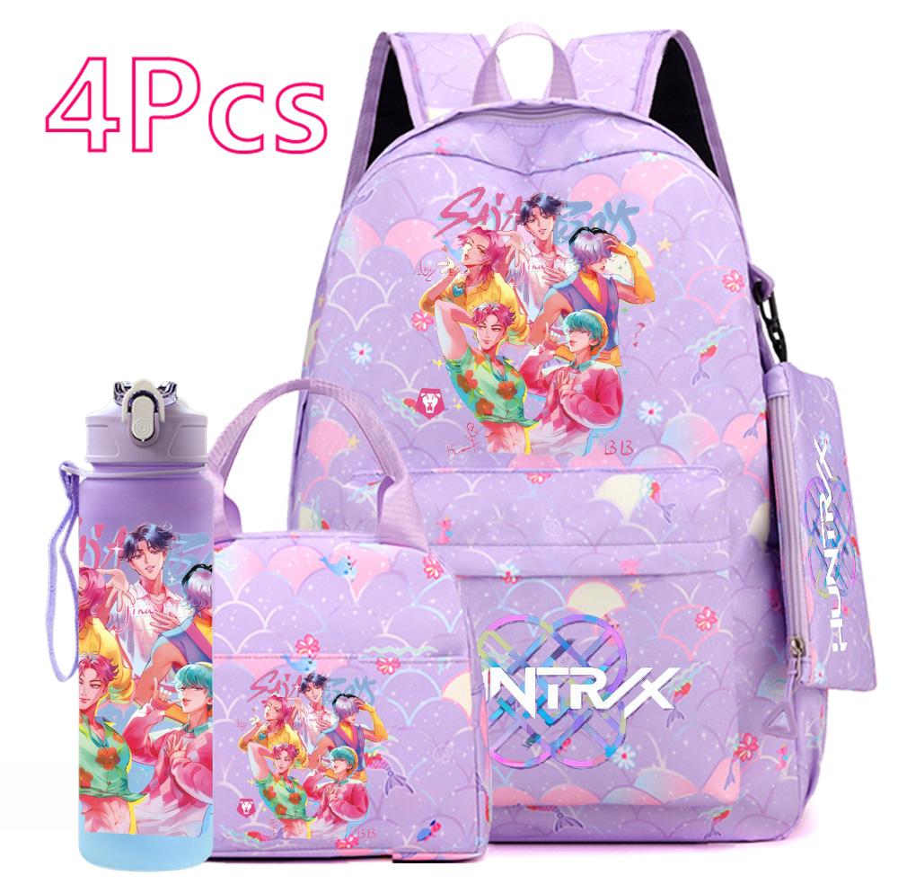4Pcs/set Anime Cute K-POP Printed Backpack Large Capacity Bookbag HandBag Case Bag with 750ml Water Bottler Boy Girl SchoolBag Waterproof Mochila
