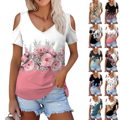 Damen Sommermode Lässig Bedrucktes Trägerloses T-Shirt Mit V-Ausschnitt Kurzarm