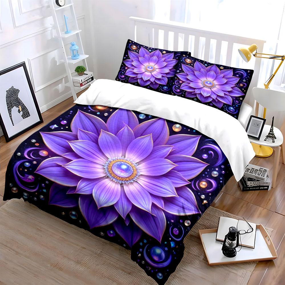 "Elegant Purple Floral Design Set" kid's and adults' bedroom decor, Exquisite three-piece bedding set gift