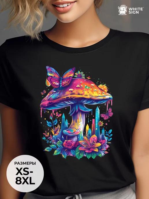 Oversized summer T-shirt with vibrant mushroom print 4XL