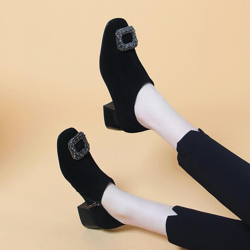 Deep Mouth Single Shoes Women's Spring Niche Personalized Square Buckle High Heels Black Thick Heel Premium Ankle Shoes
