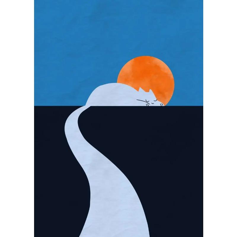 

Minimalist Cat Landscape Posters Cat Mountain Sleepy Cat Canvas Painting Prints Modern Wall Art Picture for Living Home Decor 21X30CMNo Framed