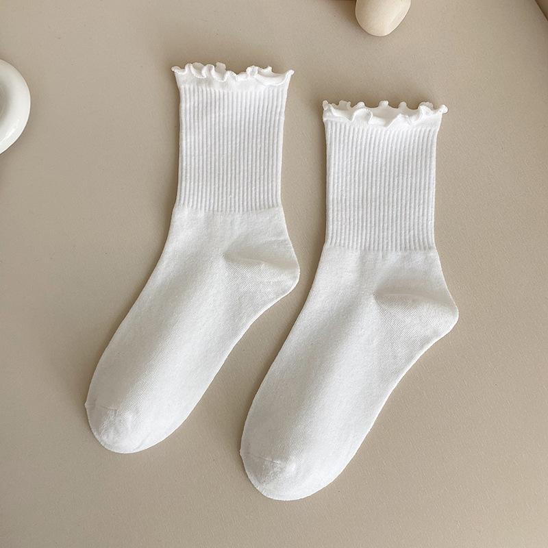 Spring and summer JK pure cotton solid color fungus lace socks women's medium tube Japanese cute girl socks Lolita versatile socks
