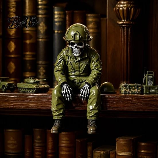 Dark Aesthetic Room Accents Halloween Skeleton Ornament, Policeman/Military Resin Gothic Skull Figurine, Horror Home Ornaments Style Sitting