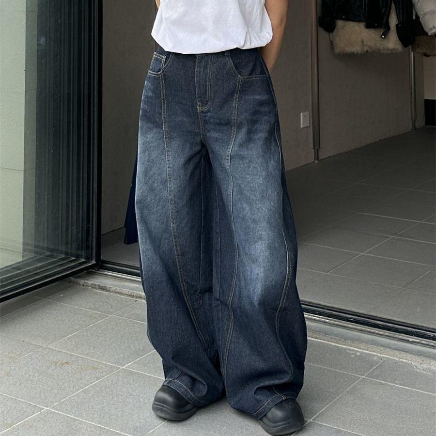 Women s Retro Blue-Gray Embroidered Wide-Leg Jeans with Curved Blade Design 2XL