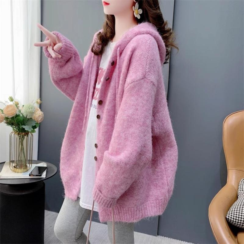 Loose Lazy Wind Solid Color Hooded Sweater Jacket Women's Autumn and Winter New Versatile Knitted Cardigan