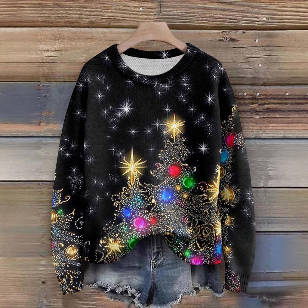 Long Sleeve Pullover Sweaters For Women O Neck Casual Cute Printing Knit Oversized Sweater