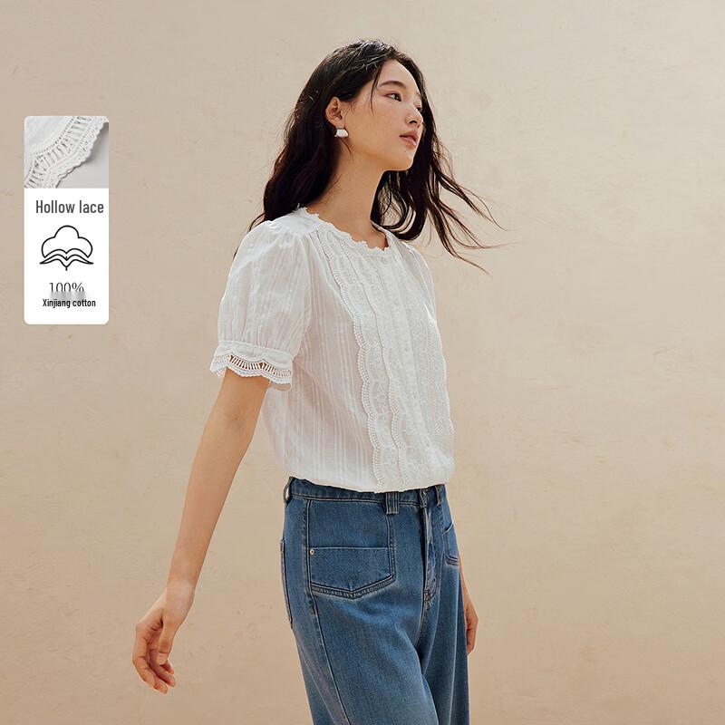 INMAN French Lace Hollow Embroidery Short Sleeve Shirt L