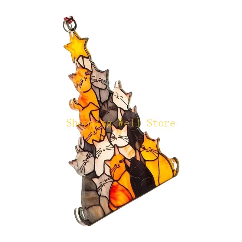 KX4B Cats Christmas Tree Suncatchers Stained Glass Window Hangings Colorful Glass Panel
