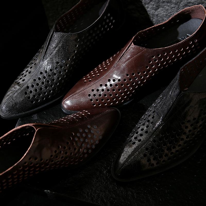 Fashion Women's New Spring and Autumn Vintage Genuine Leather Cowhide Pointed Hollow Hole Comfortable Middle Heel Muller Single Shoes