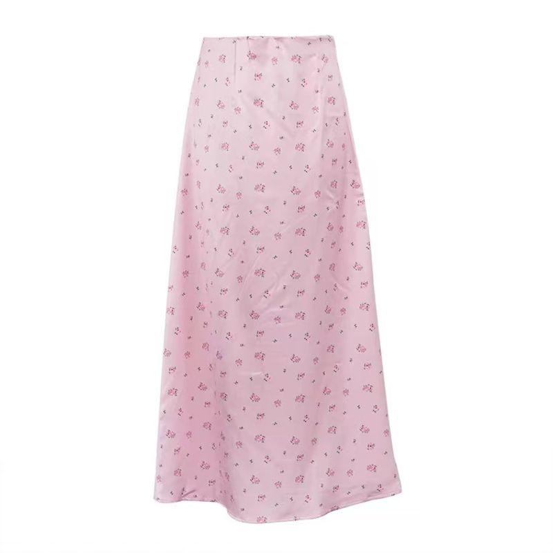 

Western Style New Satin Print Temperament Waist Hugging Sheath Skirt Satin Printed Half Skirt Pink M