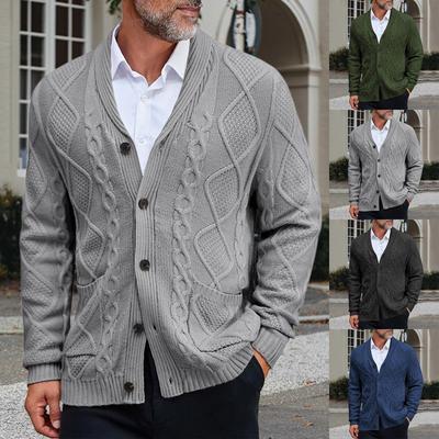 Cardigan da uomo a tinta unita aperto sul davanti con colletto risvoltato, maniche lunghe e motivo a trecce, cappotto in maglia