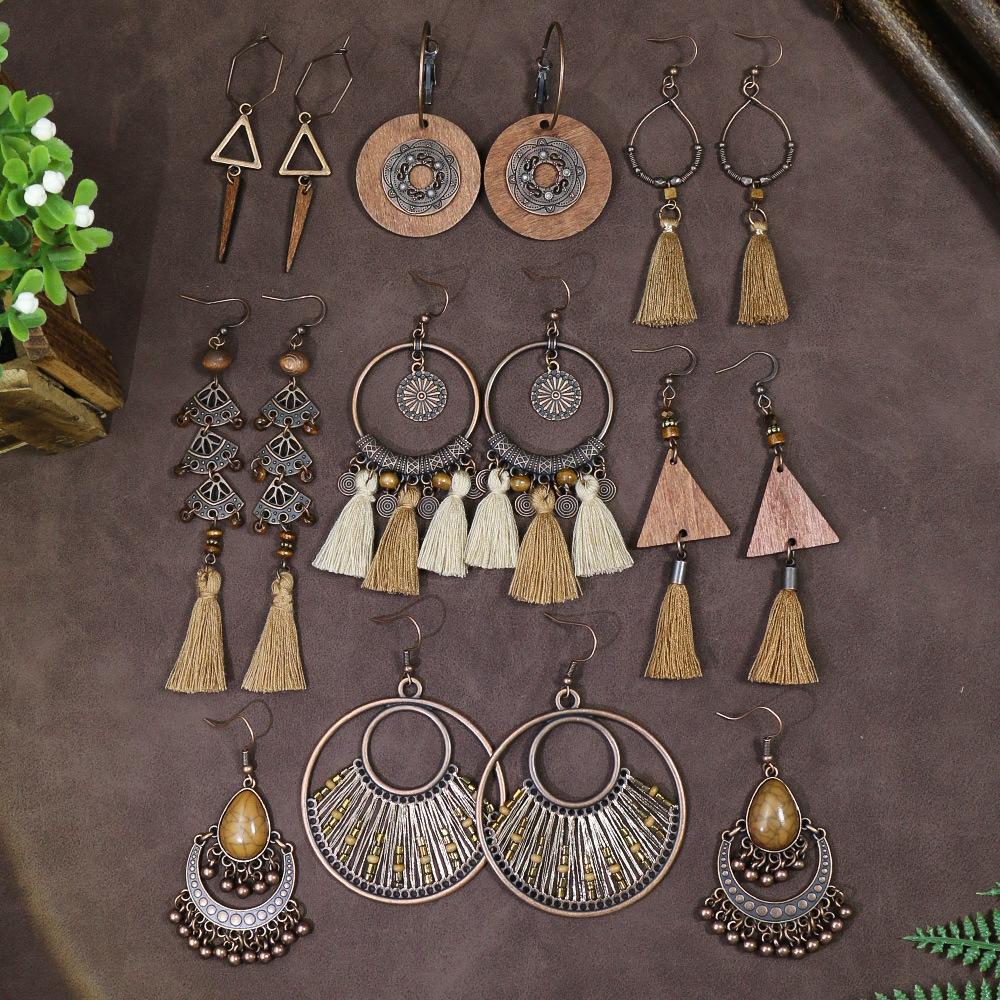 Bohemian Classic Women Geometric Tassel Wooden Earrings Vintage Gypsy Ethnic Circle Flower India Dangle Earrings Jhumka Jewelry