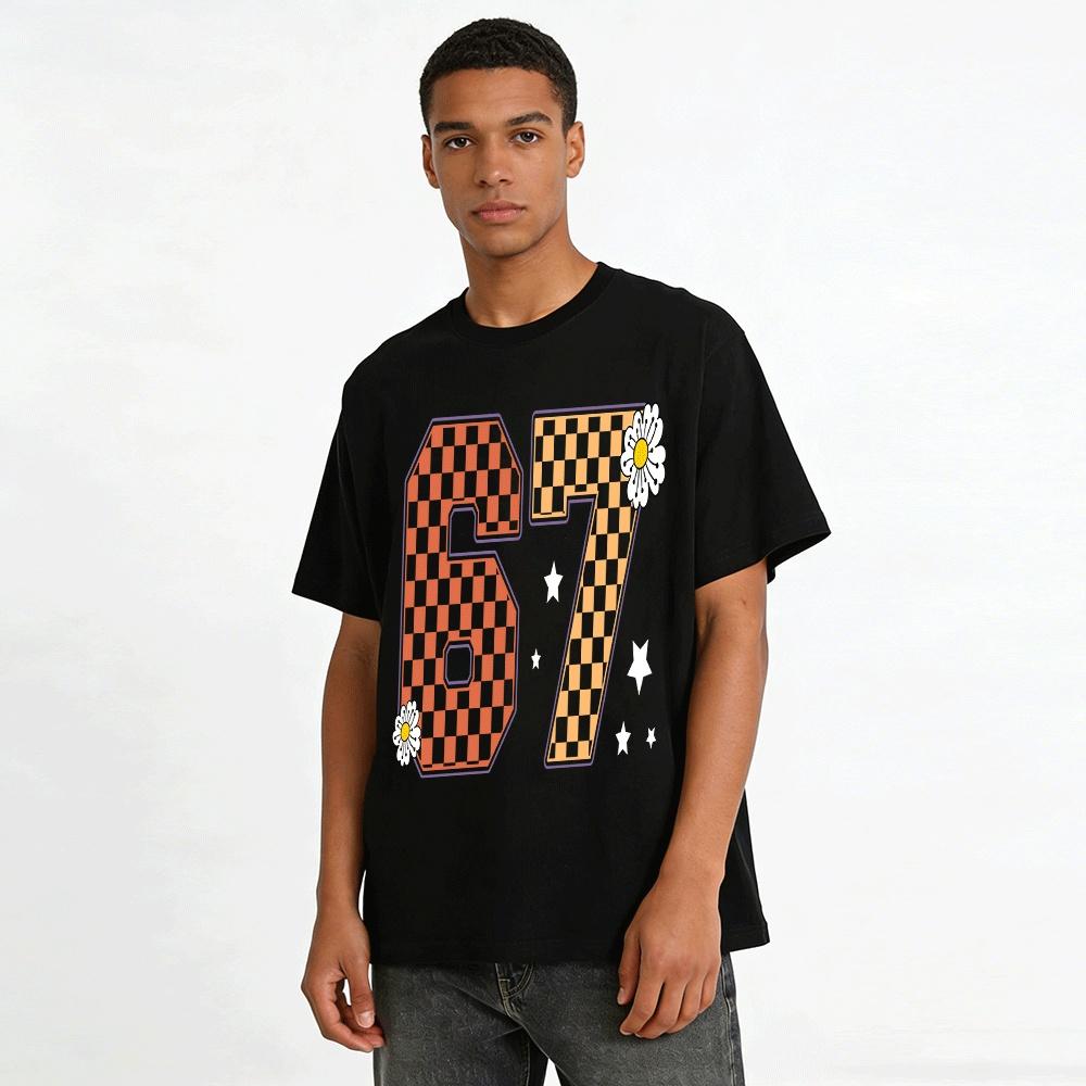 Retro Checkerboard 67 Print Casual Loose Unisex T-Shirt Pure Cotton T-shirt