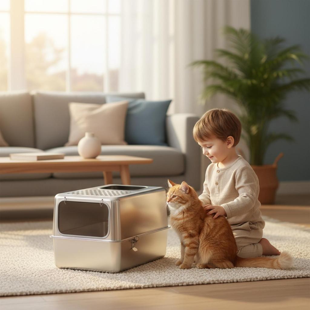 Enclosed Cat Litter Box Scratch-Resistant Stainless Steel Pet Supply