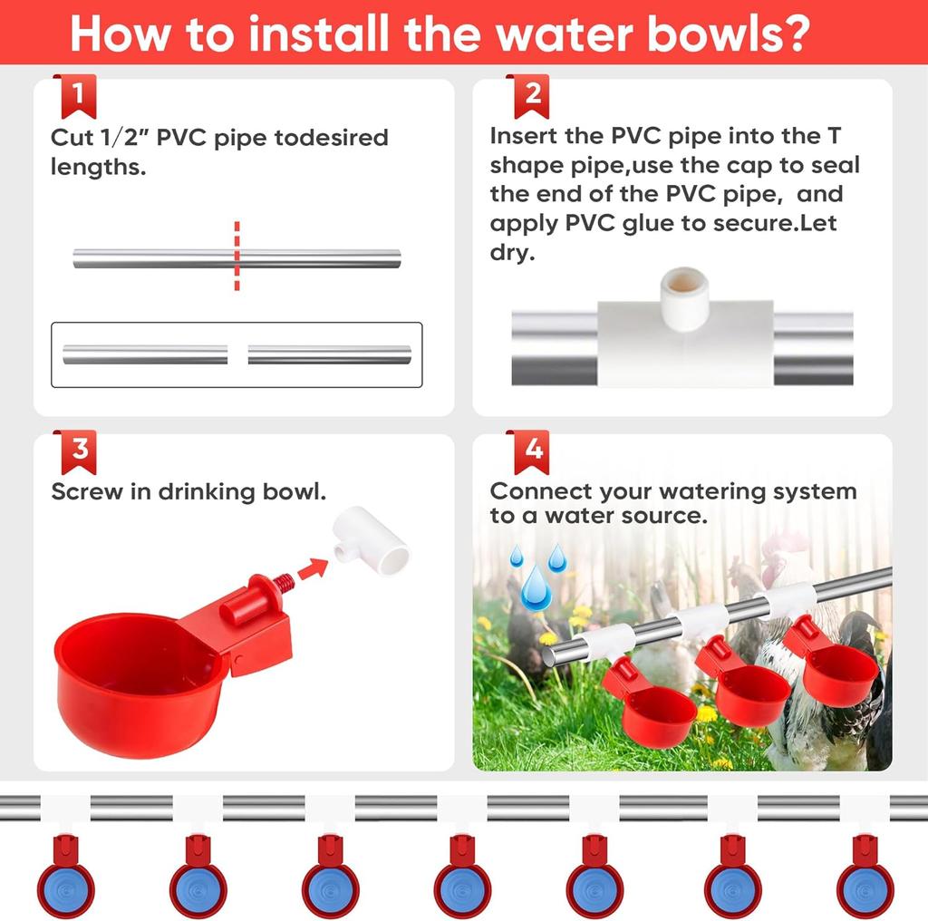 5/10Pcs Chicken Water Cup With PVC Tee Fitting Automatic Drinker For Poultry Thread Filling Waterer Poultry Drinking Bowl