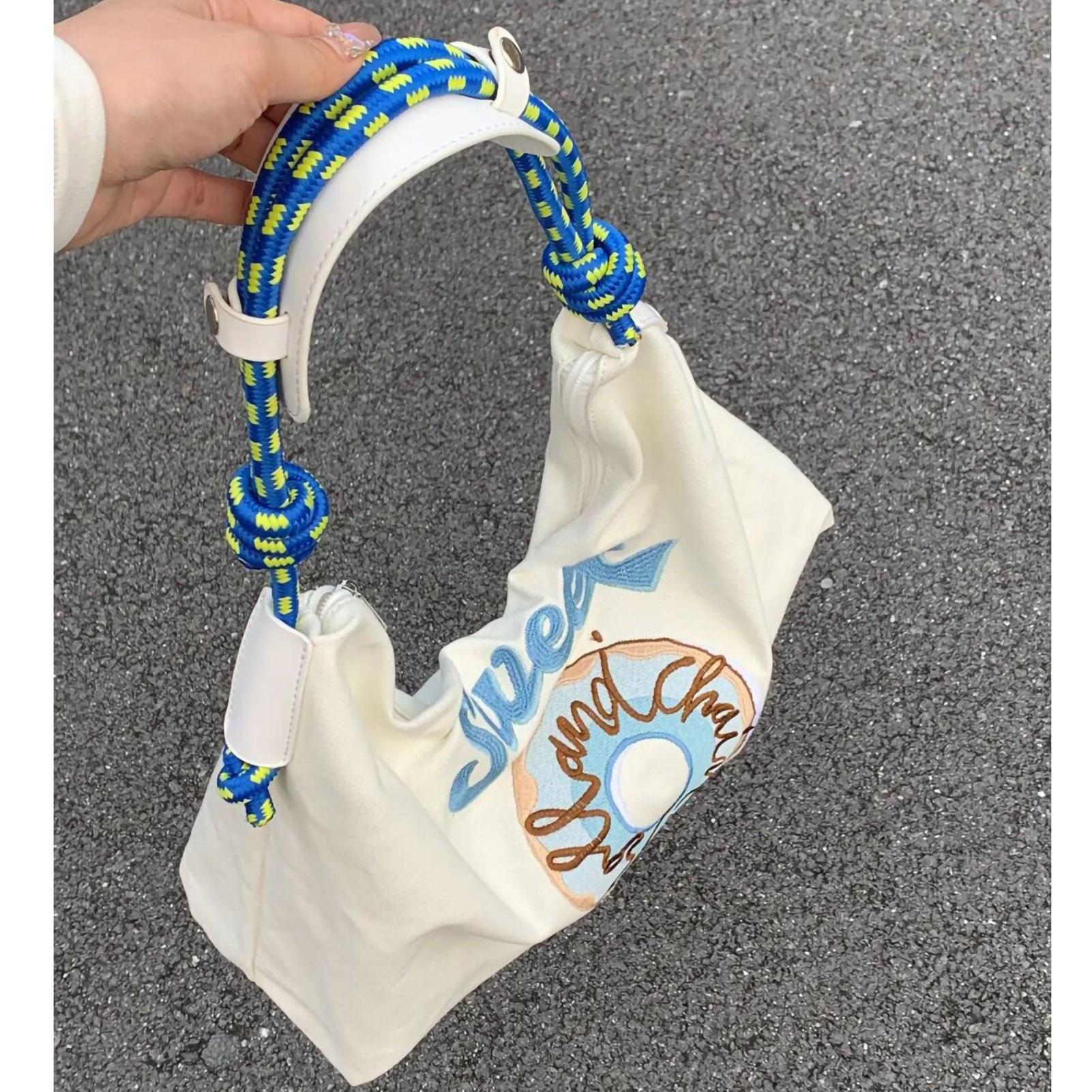 

Large Capacity Canvas Bags Hand Embroidered Underarm Bag Versatile Women Tote Bag for Shopping Blue синий