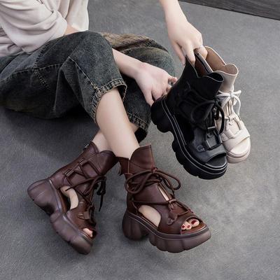 Retro Hollow-out Peep Toe Roman Sandals Fashionable Front Lace Up Women's Platform Shoes