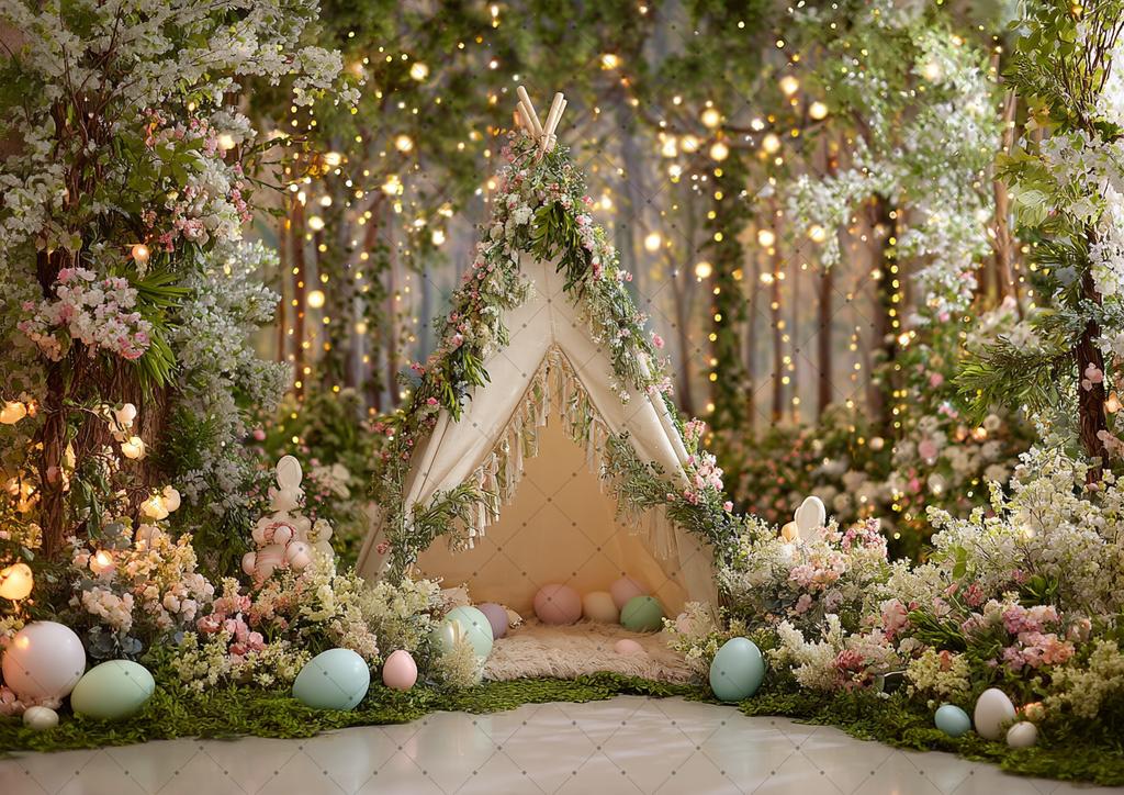Spring Easter Photography Background Boho Tent Colorful Eggs Flower Baby Shower Birthday Party Decor Kid Portrait Photo Backdrop