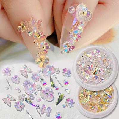 Bunte AB Kristall Blume Schmetterling Nail Art Dekorationen Mix Metall Nieten Perlen Holographische DIY Nägel Strass Zubehör