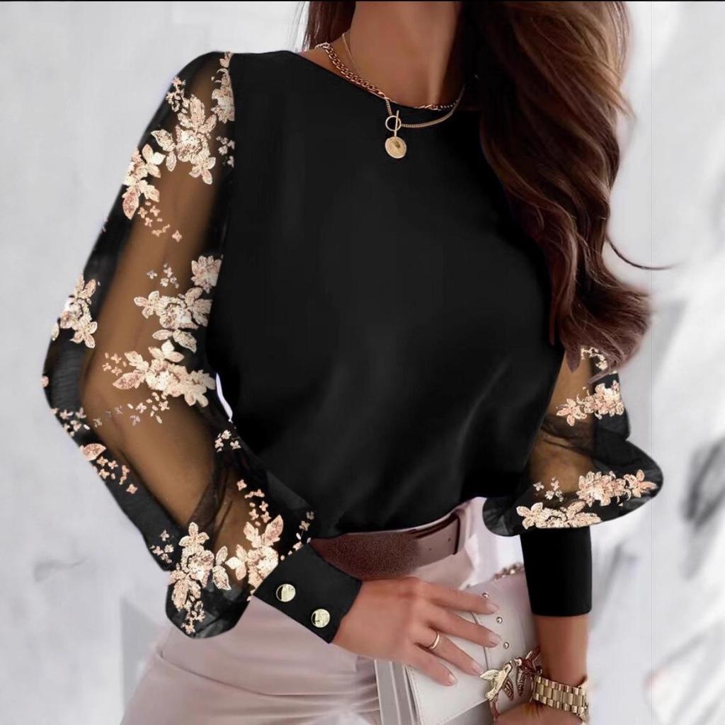 Mode Kant Bloemige Tops Blouses Dames Lange Mouw Elegante Ronde Hals Los Shirt Blouse Casual Shirts Lente Zomer Dames Top
