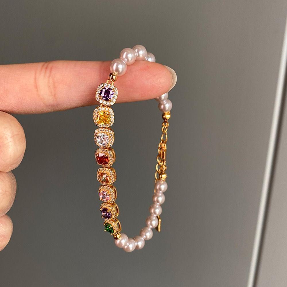 Luxury Pearl Crystal Bracelet Ornaments Colored Zircon Bracelet Rainbow Rhinestone Bracelet  Gifts