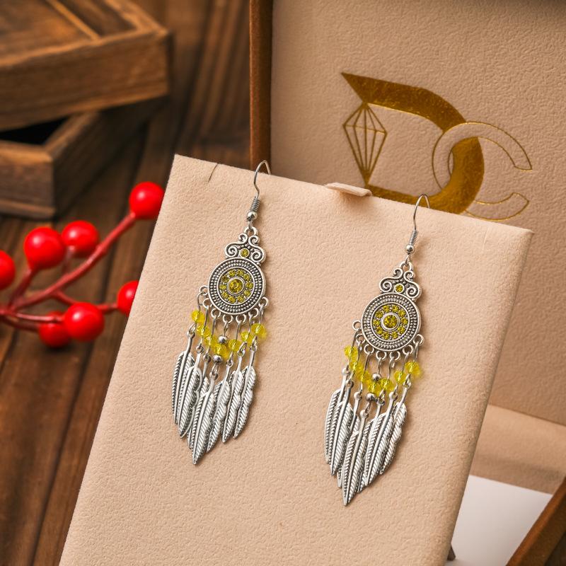 Vintage Bohemian Drop Dangle Earrings For Women Geometric Crystal Beads Handmade Leaf Tassel Ethnic Boho Beach Holiday Zircon