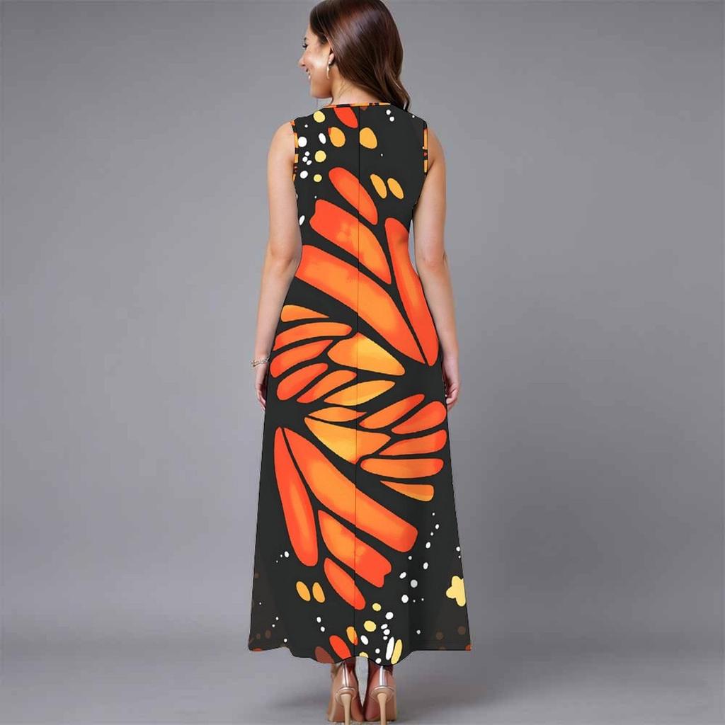 Women Plus Size Sleeveless Round Neck Dress Luxe Large Blossom Printed Flowy Calf Length Gown