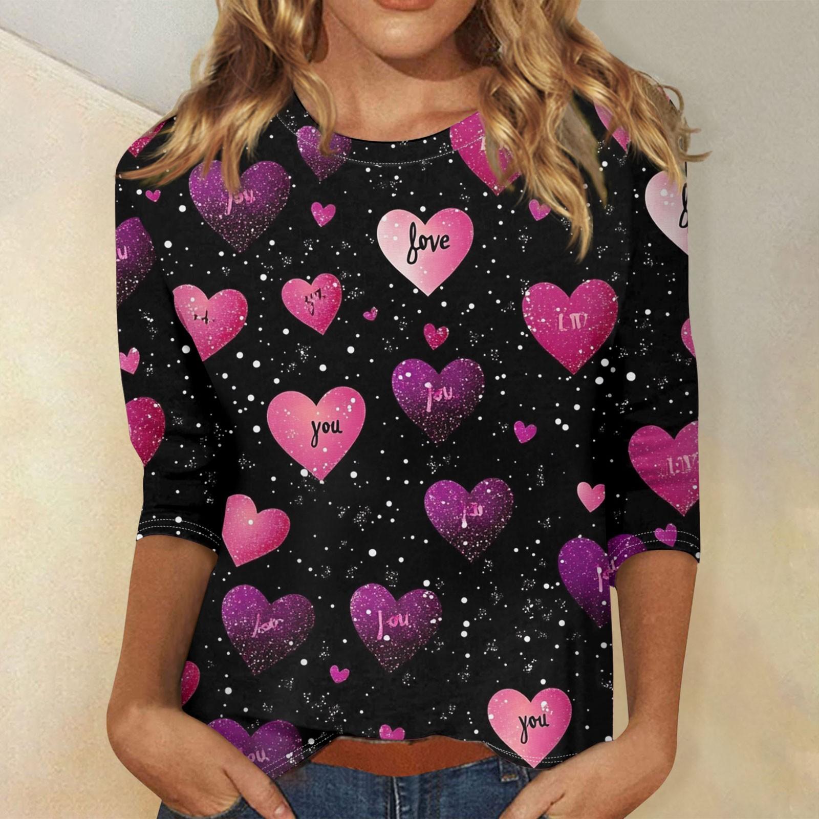 

Жіночі топи з рукавом три чверті, сорочка до Дня Святого Валентина, з круглим вирізом, вільна повсякденна сорочка L чорний