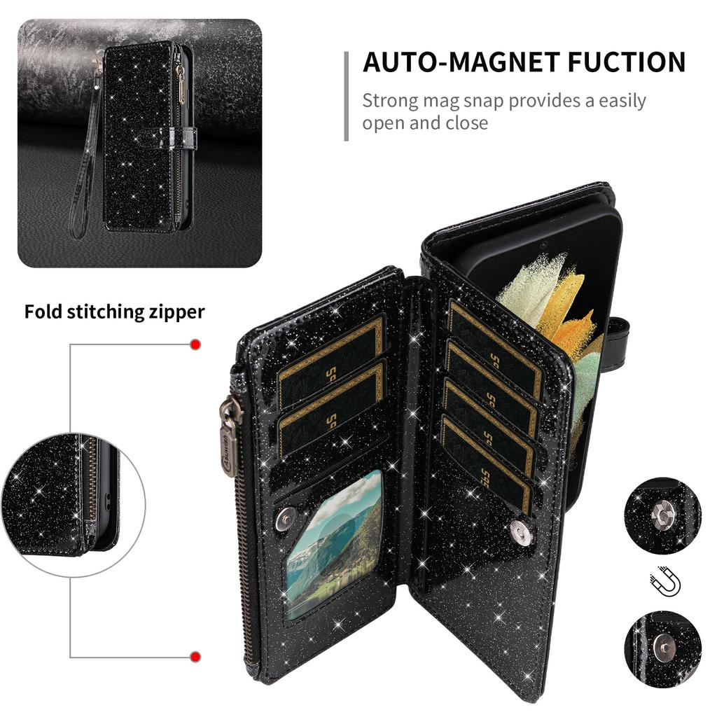ASUWISH For Samsung Galaxy A54 5G Case 10 Card Holder Glitter Leather Phone Cover with Crossbody Strap
