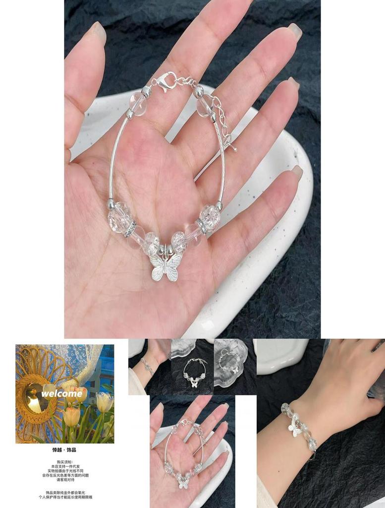 Brățară elegantă argintie cu mărgele în formă de fluture pentru femei, design inspirat chinezesc