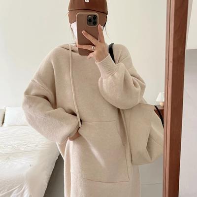 Jesienna i zimowa damska sukienka dresowa średniej długości sukienki z dzianiny z kapturem moda codzienna bluza z kieszeniami francuskie sukienki swetrowe Plus Size