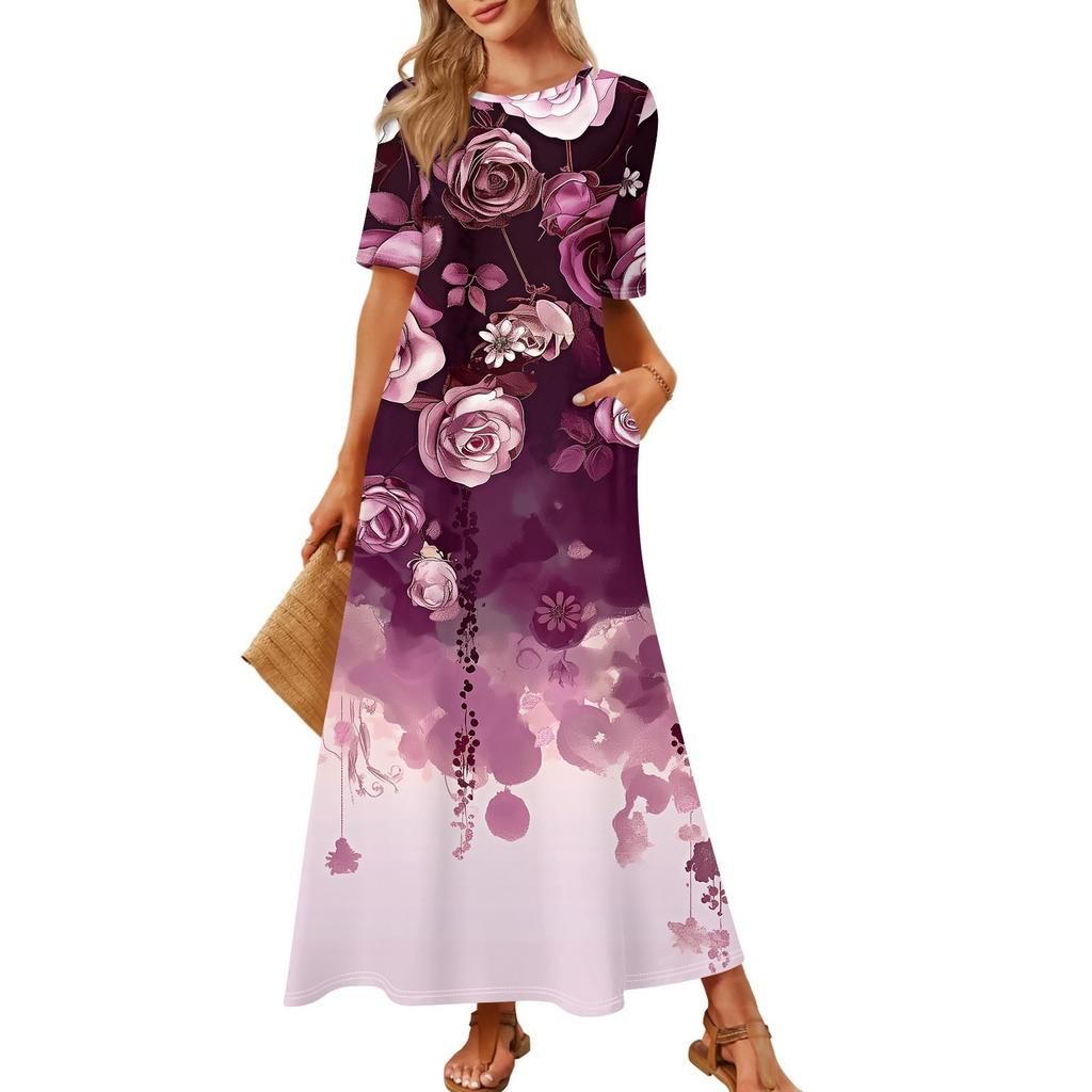 Women's Fashionable And Casual Long Beach Skirt Round Neck Short Sleeved Loose Retro Print Dress