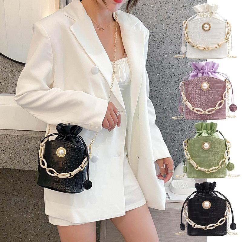 Damen PU Bucket Kette Kleine Messenger Handtaschen Kordelzug Schultertaschen