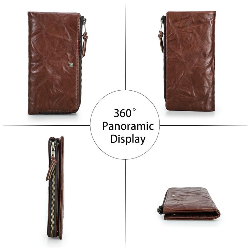 CONTACT'S Leather Wallet Men Retro Casual Natural Card Holder Coin Purse Male Travel Business Gift Long Wallet