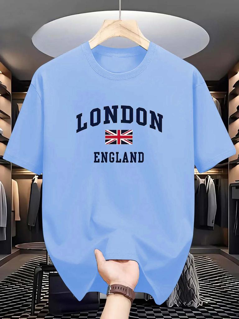 Men's Summer 100 Cotton Fashionable Casual Loose Plus Size London England Printed Sports Round Neck Short Sleeved T-shirt Top