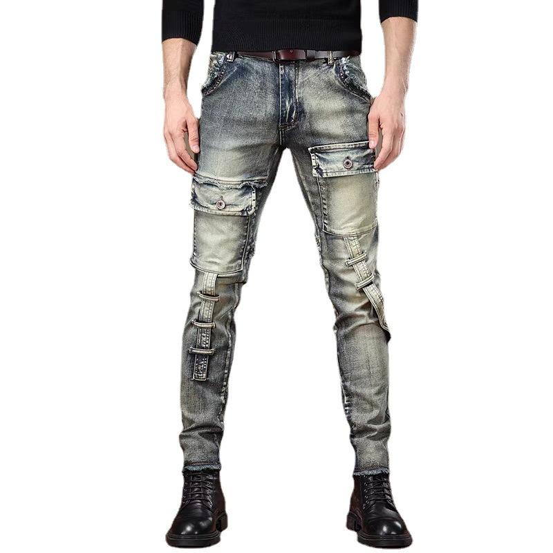 

American Vintage Heavy Wash Workwear Denim Men s Fall Scraped and Frayed Trend Slim Long Calf Pants Plus Size 27 жёлтый