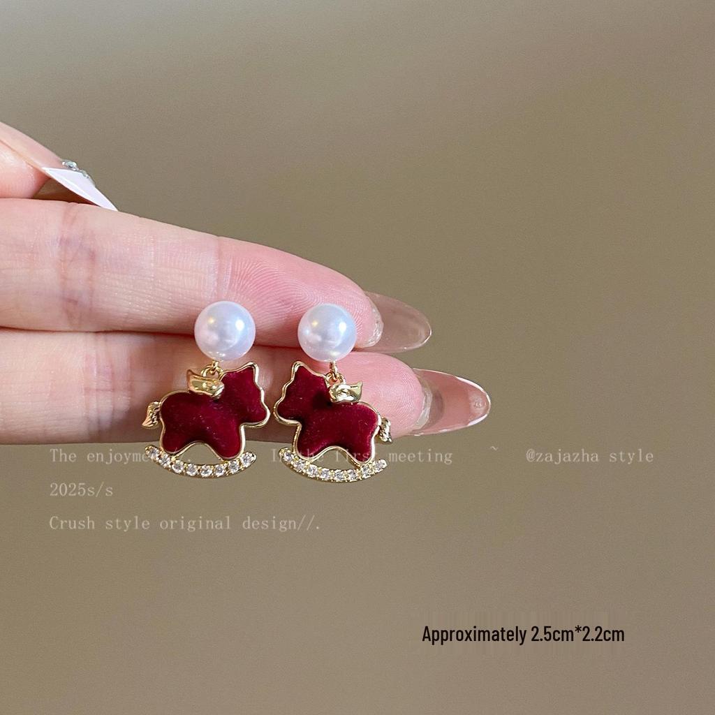Red Velvet Horse Stud Earrings for Women - New Autumn/Winter 2025 Niche Design