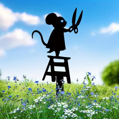 Piquet de jardin Rat en métal Résistant aux intempéries Souris noire Décoration avec une grande paire de ciseaux Panneau de jardin pour Jardin Patio Chemin