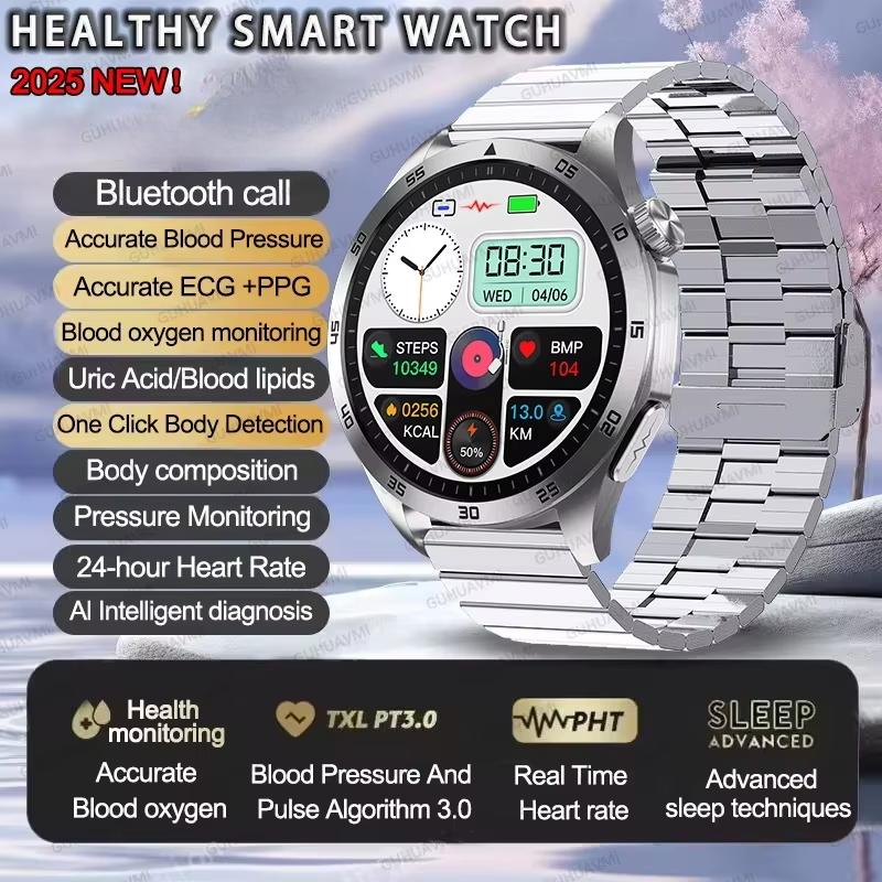 

Новые умные часы Expert Health для мужчин, измеряющие уровень мочевой кислоты, жира в крови, артериальное давление, ЭКГ+ФПГ, пульс, с HD экраном, Bluetooth-вызовом, спортивные часы для iOS и Android Steel B серебряный