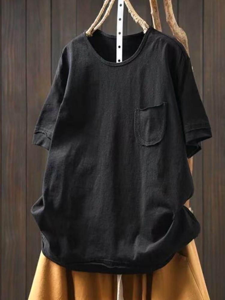 Johnature Women Vintage T-Shirts O-Neck Short Sleeve Soft Summer Patchwork Pockets Casual T-shirts Female