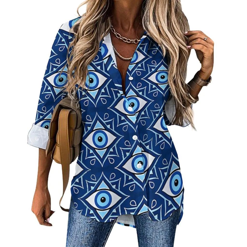 Women Street Fashion Shirt Abstract Evil Eye Casual 2025 New Spring and Autumn Blouse Long Sleeve Vintage Print Office Blouses