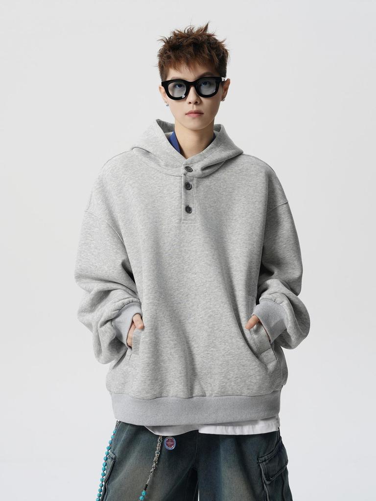Unisex Retro Heavyweight Fleece-Lined Button-Up Hoodie: Trendy and Loose Fit